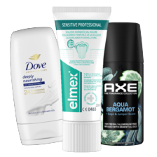 Alle Dove, Axe, Wilkinson, Elmex, Marcel's Green Soap of Hawaiian Tropic mini's